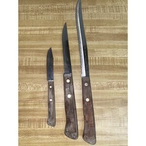Vintage Set of 3 Flint Stainless Vanadium Knives Wood Handles USA